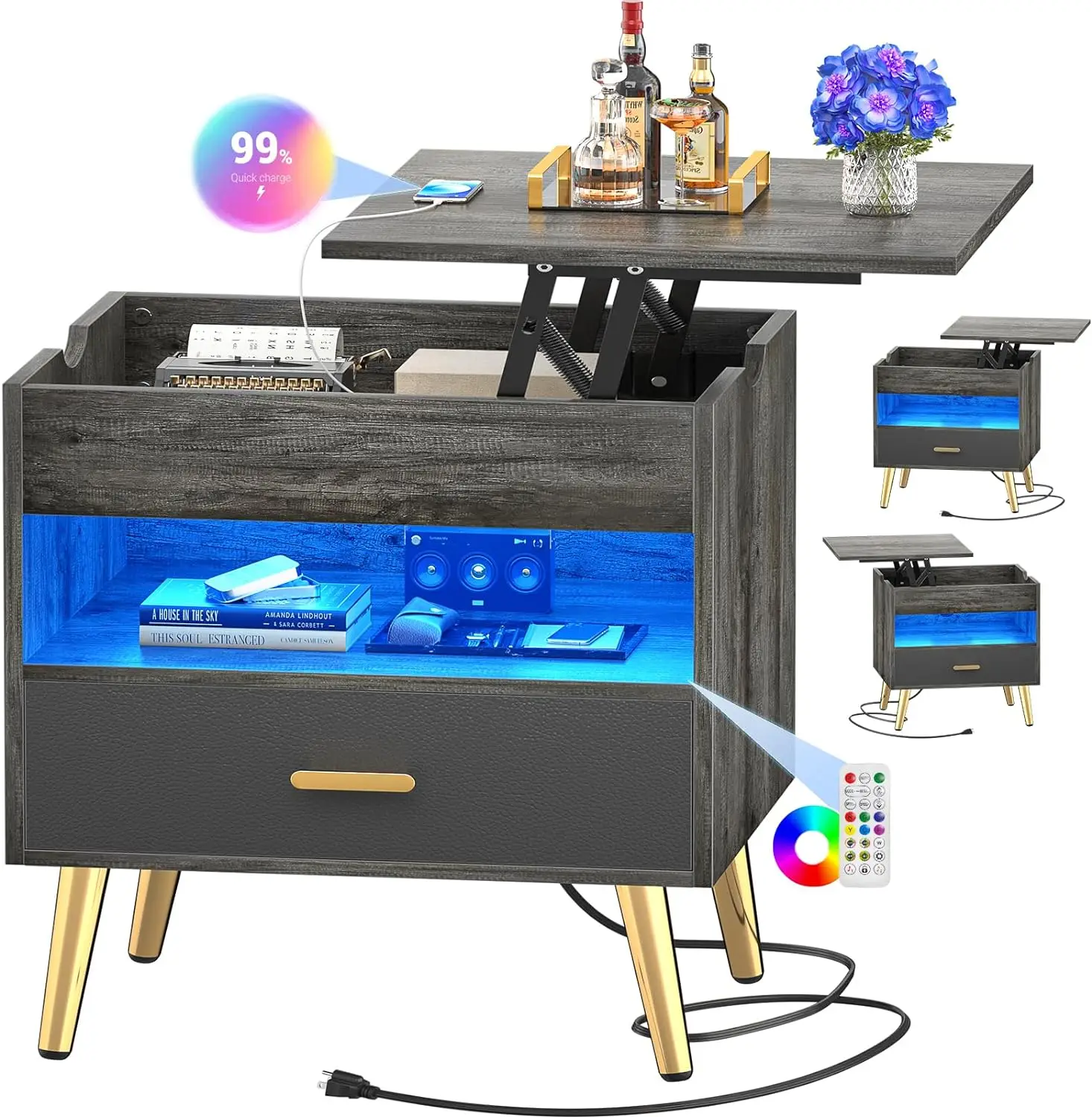 

35 Inches Nightstand with Reversible Lift Top, Large Night Stand with LED Lights, Tall Bedside Table W/ Charging Station