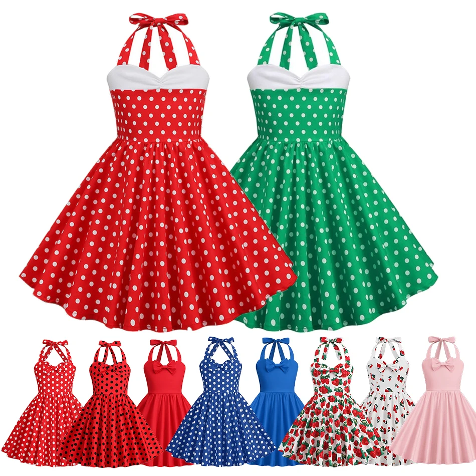 Abito Vintage A Pois Halter 50S Audrey Retro Swing Party Dress Stampa Senza Maniche A-Line Abito Casual Toddler Girls Clothes