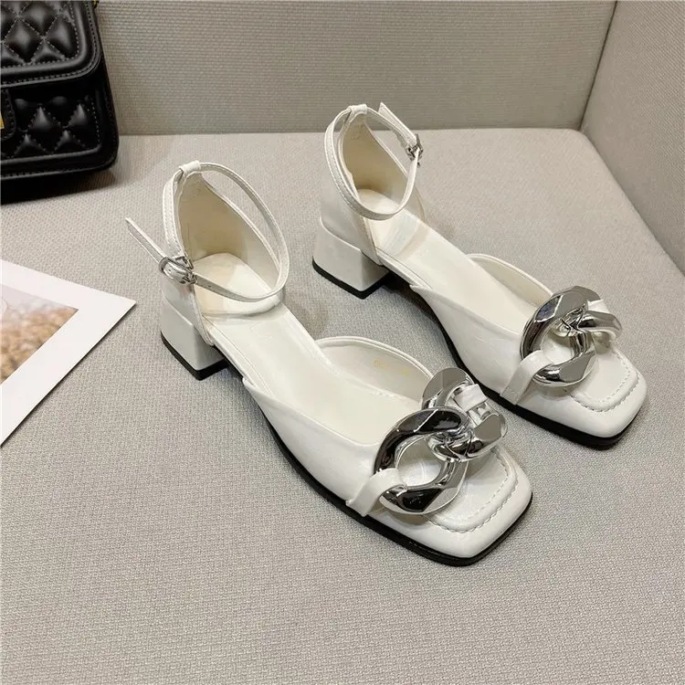 2022 Square Head Lady Sandals Leisure Line Buckle Chain Thick Heel Female Pumps Fashionable Casual Hollow Women's Single Shoes