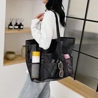 Large Capacity Canvas Beach bag Versatile Commuting Shopping Shoulder bag Lightweight Semi Transparent Mesh Hollow bag - Image 2