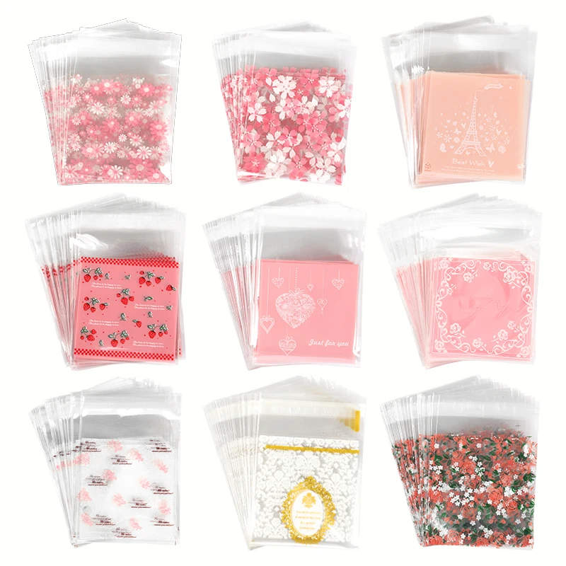 50 stücke Transparente Süßigkeiten Taschen Rosa Blume Kunststoff Kekse Taschen Baby Dusche Geburtstag Party Backen Cookies Verpackung Hochzeit Decor