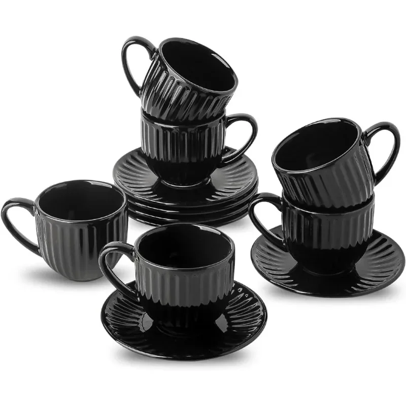 

BOUSSAC Ceramic Cappuccino Cups and Saucers - 8 Oz, of 6 for Coffee,Tea,Latte and Macchiato, Demitasse Cups Set Aesthetic Gifty