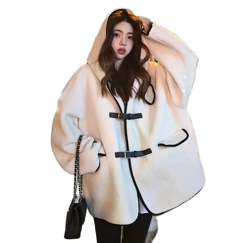 Zima těhotná ženy oblečení korejské styl plus rozměr pu kůže knoflík létat s kapucí svrchní těhotenské beránek vlna bunda kabáty