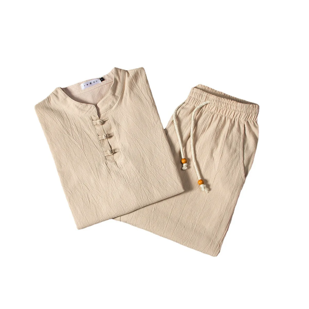 Mens Cotton Linen Casual Two Piece Long Sleeve Shirt and Wide Leg Pants