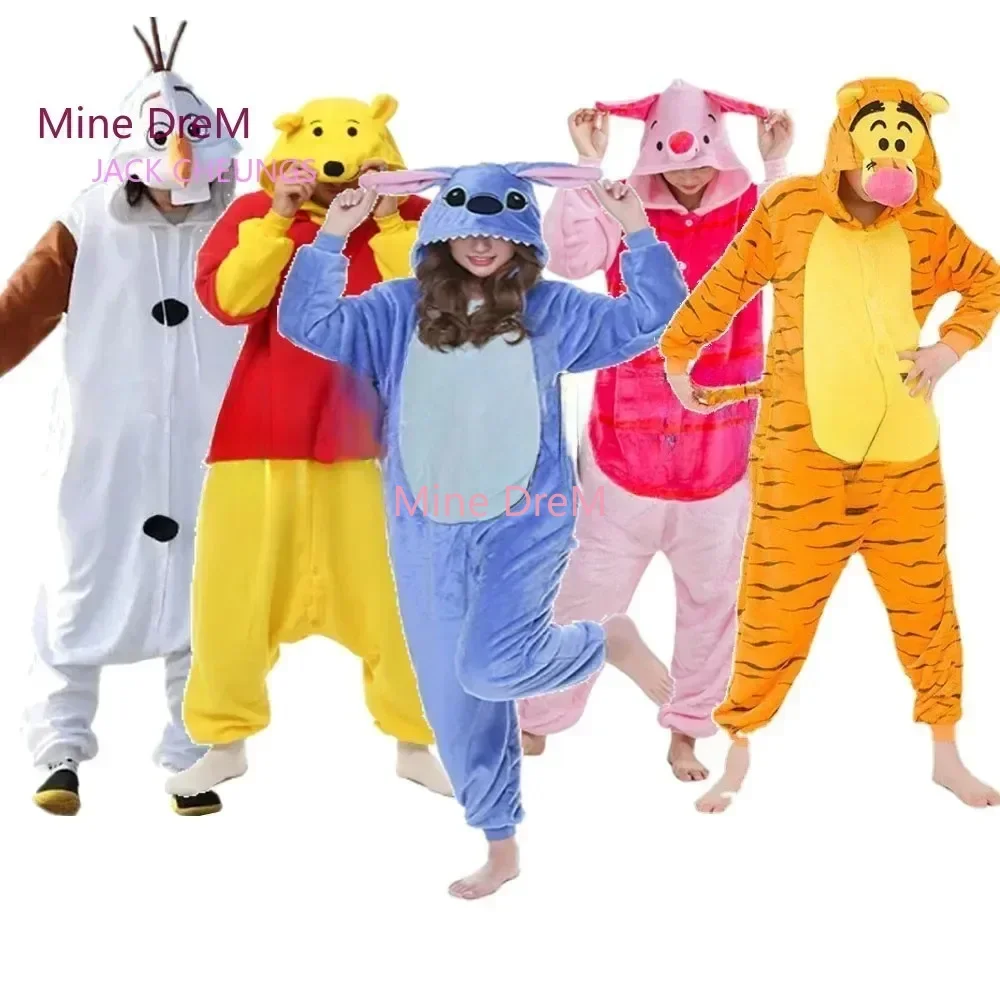 Kids Stitch Pluto Winnie Bear Onesies Pajamas Kigurumi Animal Piglet Tiger Pajamas Hooded Flannel Jumpsuits Cosplay Costumes