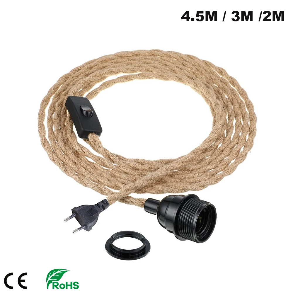 4.5M Vintage Style Hemp Rope Pendant Light Cord Kits Eu Plug Switch E27 Vintage Lamp Holder for Simple Hanging Lamp Decor