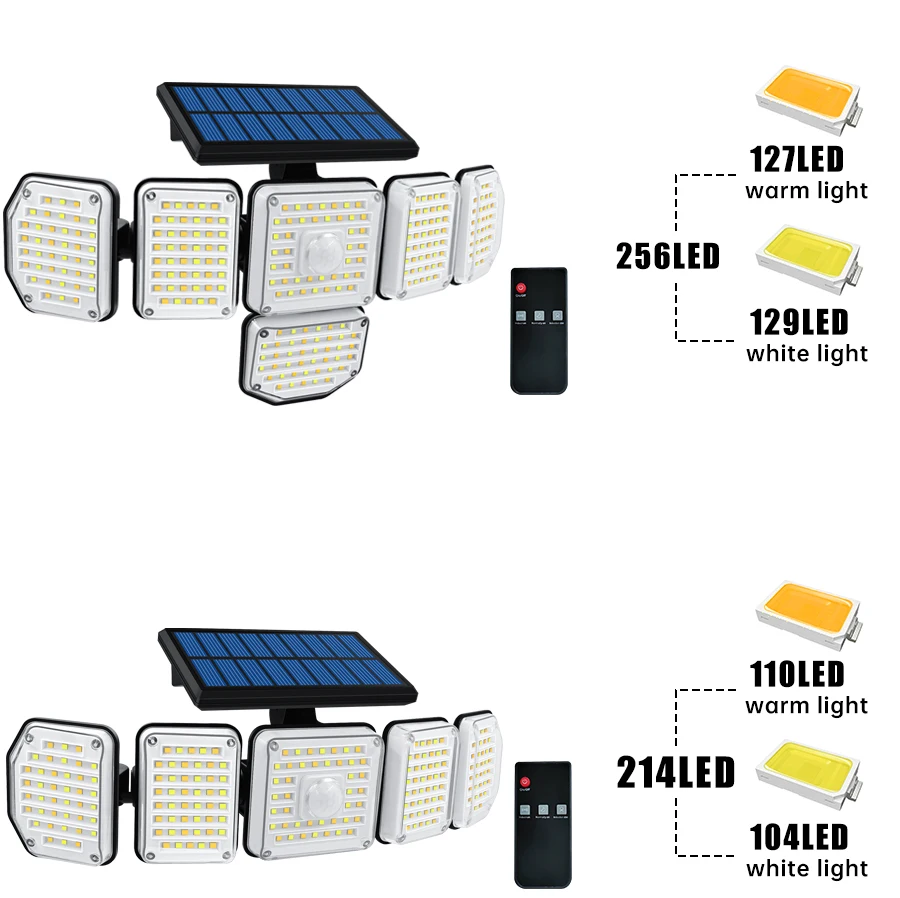 Solar Motion Sensor Flood Lights Outdoor 256/214LEDs 6 or 5 Heads 360° illumination IP65 Solar Security Lights White/Warm White