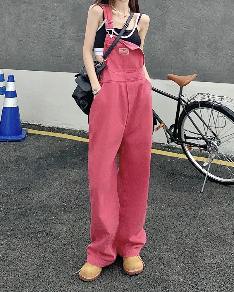 

Rose Pink Fashion Women Denim Jumpsuit Y2K Spring Autumn Loose Casual Straight Overalls Fashion Wide Leg Suspender Jeans