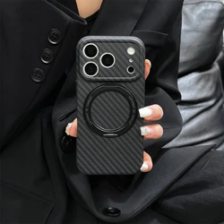 Deluxe Carbon Fiber Texture Phone Case with Magnetic Rotating Ring Stand and Wireless Charging Capability - iPhone 16 (Black)