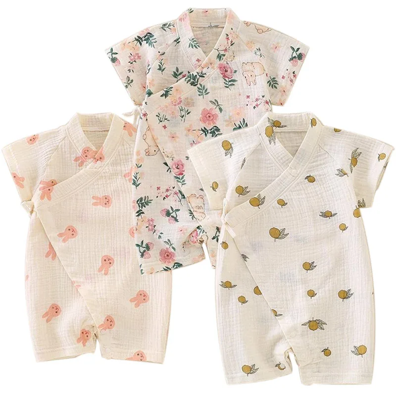 Baby Rompers Cotton Jumpsuit Baby Jumpsuit Newborn Baby Thin Gauze Jumpsuit Breathable Soft Children Short Sleeve Crawling Suit Cute Boys Girls Infant Bodysuit Kid Rompers