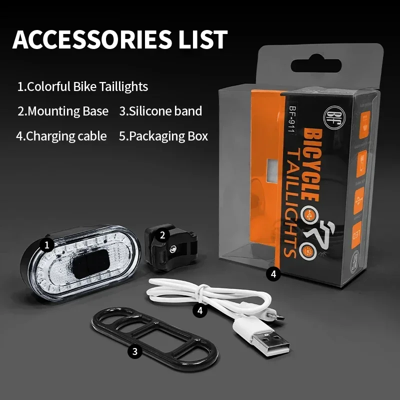 Bike Rear Tail Light 560 MAh Bicycle Lights Memory Mode Rainbow LED Warning Rech