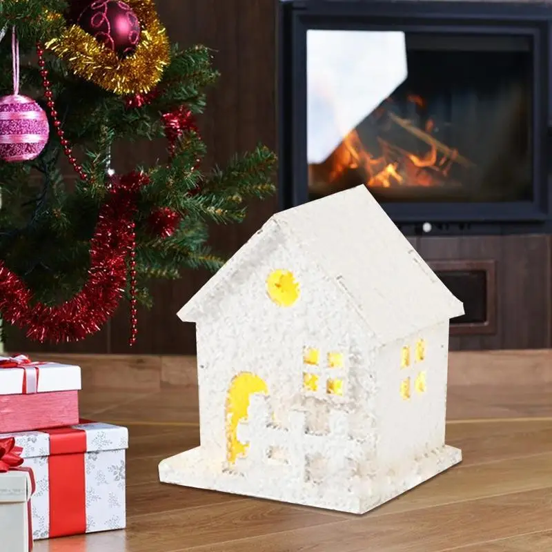 Christmas LED Light Wooden House White Snow Luminous Cabin Christmas Tree Hanging Ornament Glowing Castle Gift New Year