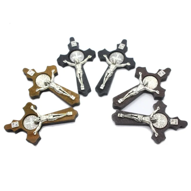 3pcs Religious Wooden Antique Black Brown Cross Rosary Pendant Jesus Saint Benedict Beaded Necklace for Men Women Jewelry handheld wooden cross wooden cross pectoral cross necklace christ pendant