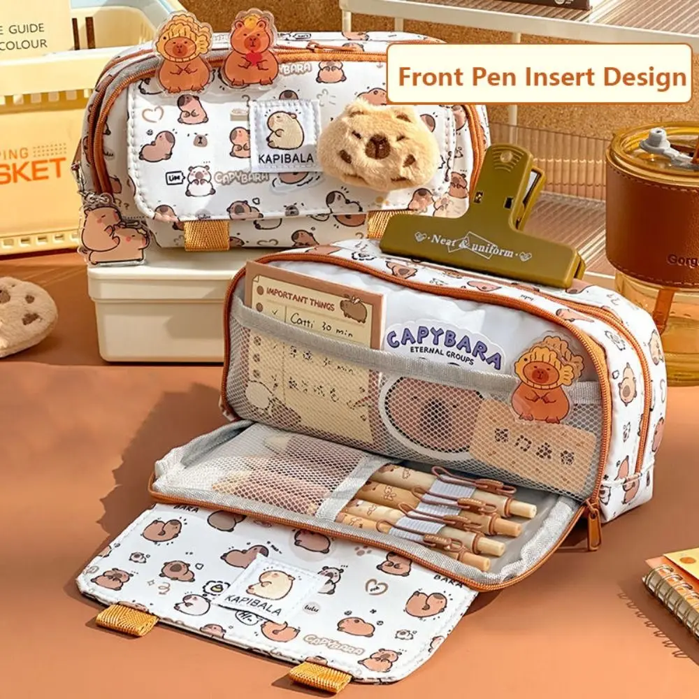 INS Capybara Four-layer Large Capacity Pen Bag Cute Cartoon Pencil Case Stationery Organizer Storage Bag For Students Gift