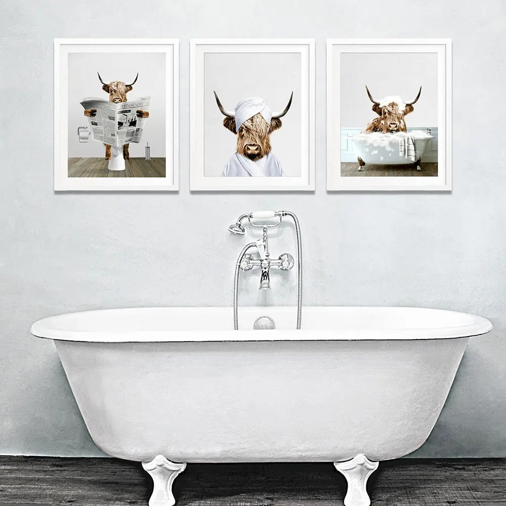 

Wild Animal Poster Cute Scottish Highland Cow On The Toilet Reading Canvas Painting Prints Wall Art Home Bathroom Decor Gifts