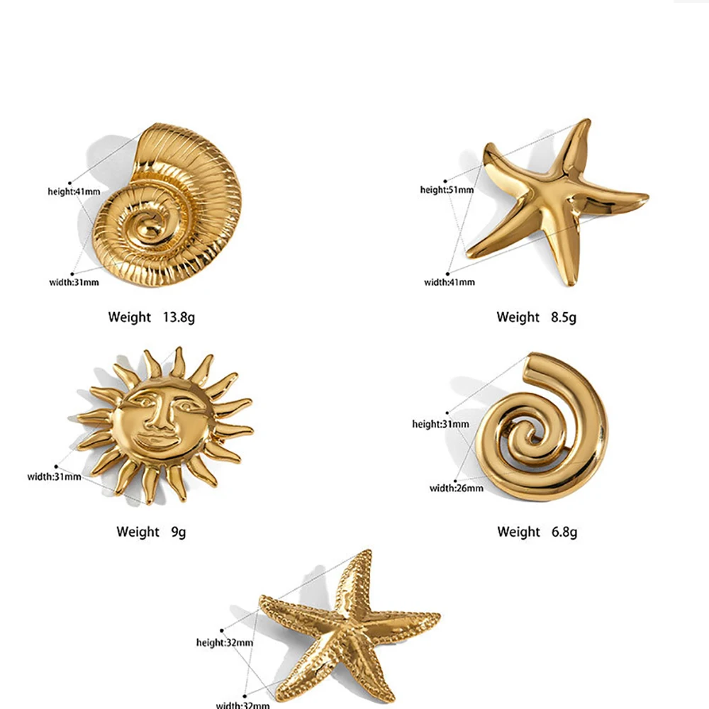 Trend Striped Big Shell Twist Lava Textured Starfish Brooch for Women Gold Plated Stainless Steel Abstract Face Sun Pin Brooches