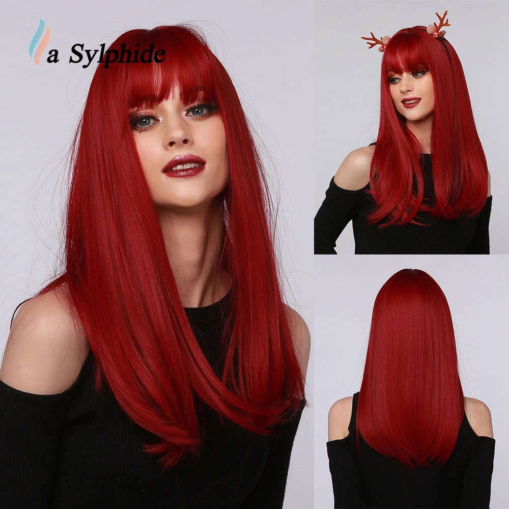 La Sylphide Cosplay Wig Long Straight Deep Red Synthetic Hair Wigs with  Bangs for Black White Woman Heat Resistant Daily Wig| | - AliExpress