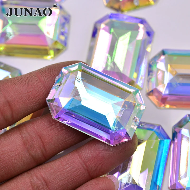JUNAO 30*40mm 20pcs Sew On Crystal AB Rectangle Rhinestone Applique Large Clear Crystal Stones Big Sewing Faltbak Acrylic Strass