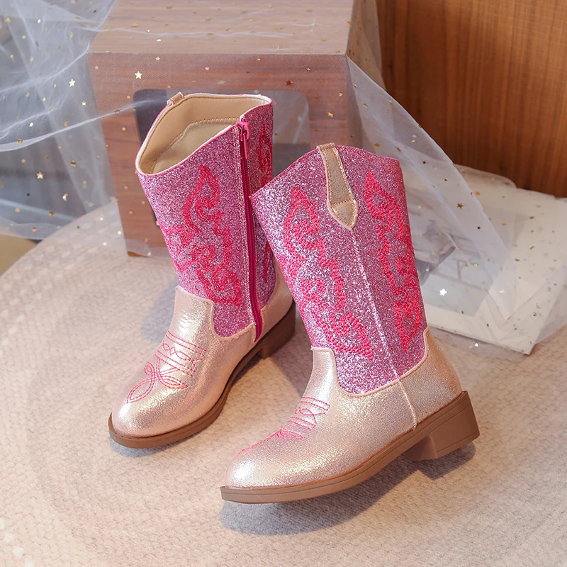 Girls Cowboy Mid Calf Boots with Glitter Sequins for Autumn Winter