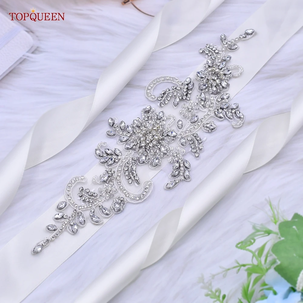 TOPQUEEN S56 Handmade Bridal Belt Silver Rhinestone Pearl Sash Women Evening Dresses Gown Girdles Bridesmaid Wedding Accessories