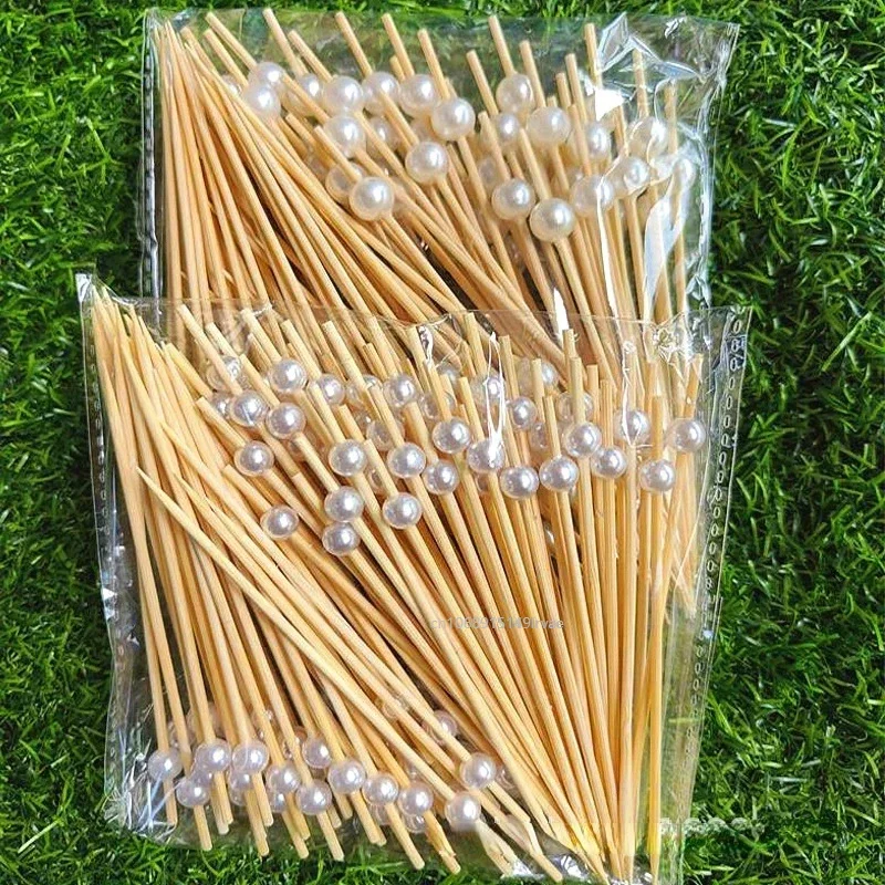 100pcs 12cm Gold Beads Bamboo Fruit Sticks Fruit Salad Snack Fork Cocktail Decor Cake Buffet Toothpicks Party Tableware Supplies