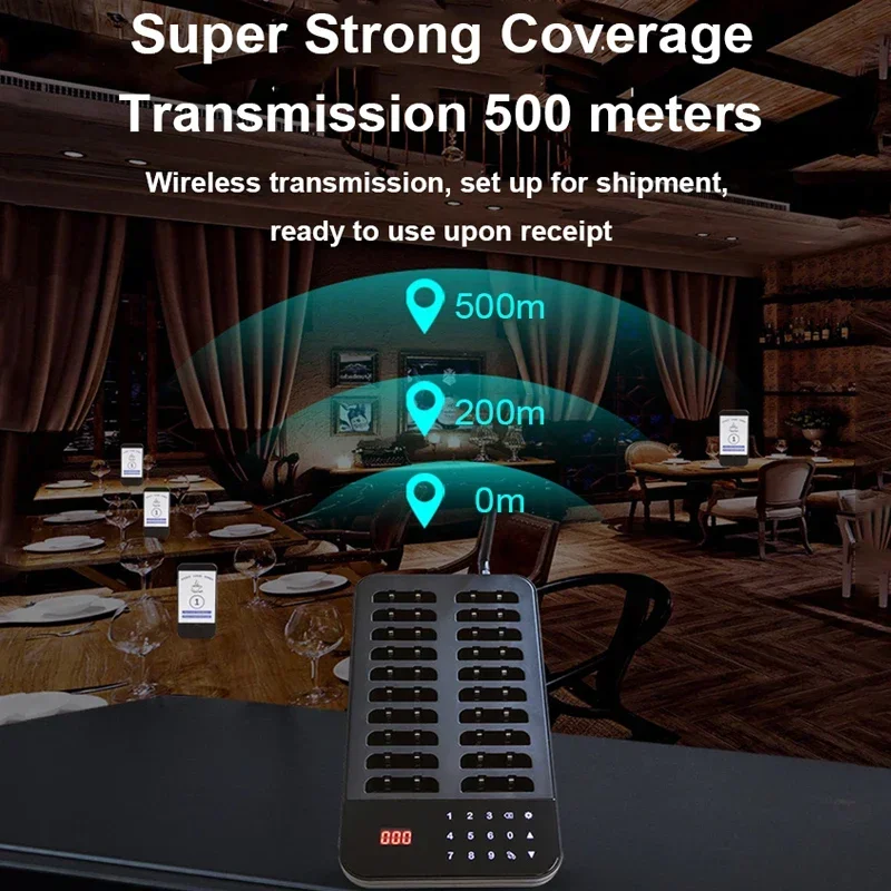 Wireless Restaurant Pager Calling System 20 Coasters Buzzer Vibrator Bell Receiver For Food Truck Bar Coffee Fast Food Bar Cafe