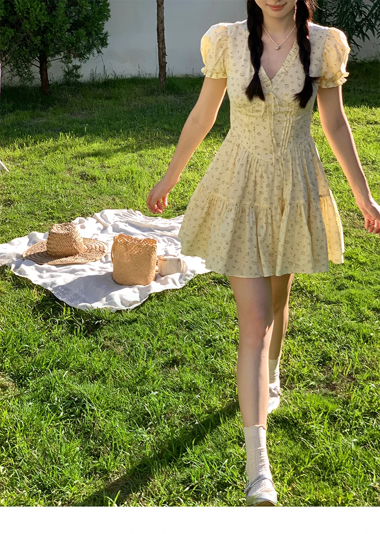 French Floral Printed Short Dresses for Women Y2K V-neck High Waist Birthday Party Dress Korean Chic Prom A-line Summer Vestidos