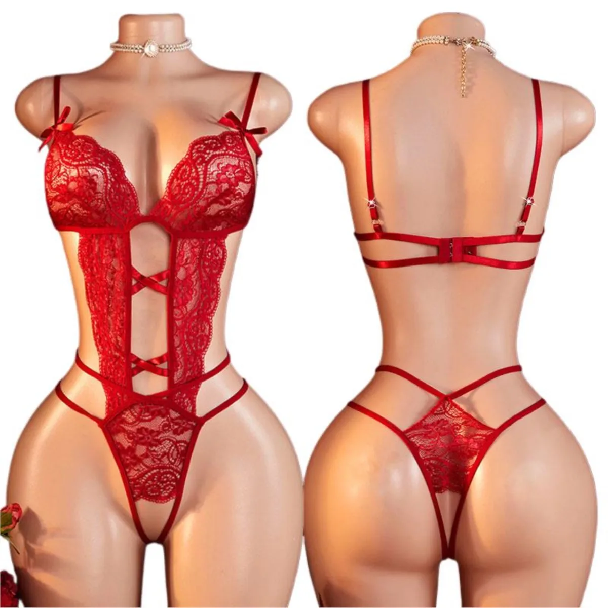 Teddy Transparent Lace Lingerie Deep V Open Bra Sexy Lingerie Women Sleepwear Open Croth Bodysuit Lenceria Porno Underwear Set