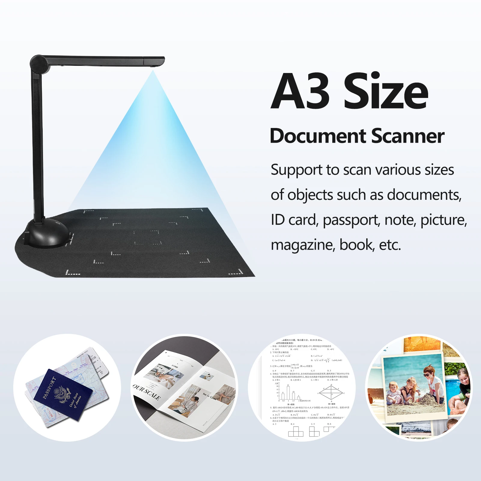 Document Camera Book Scanner A3 Size HD 16 Mega-pixels High Speed Scanning Support Multi-Language USB Port LED Fill Light