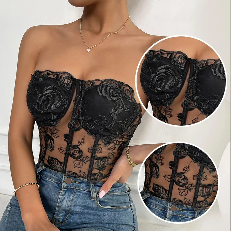 Hot and Sexy Women's Chest Wrapping Rose Embroidery Sleeveless Fishbone Bra Summer New Women's Tight and Naked Top