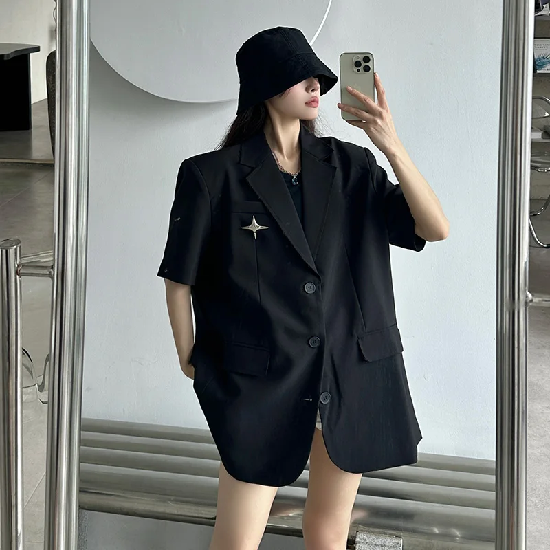 Leisure Single Breasted Loose Jacket Short Sleeves Women New Punk Gothic Fashion Balck Cardigan Summer Office Ladies Pocket Coat