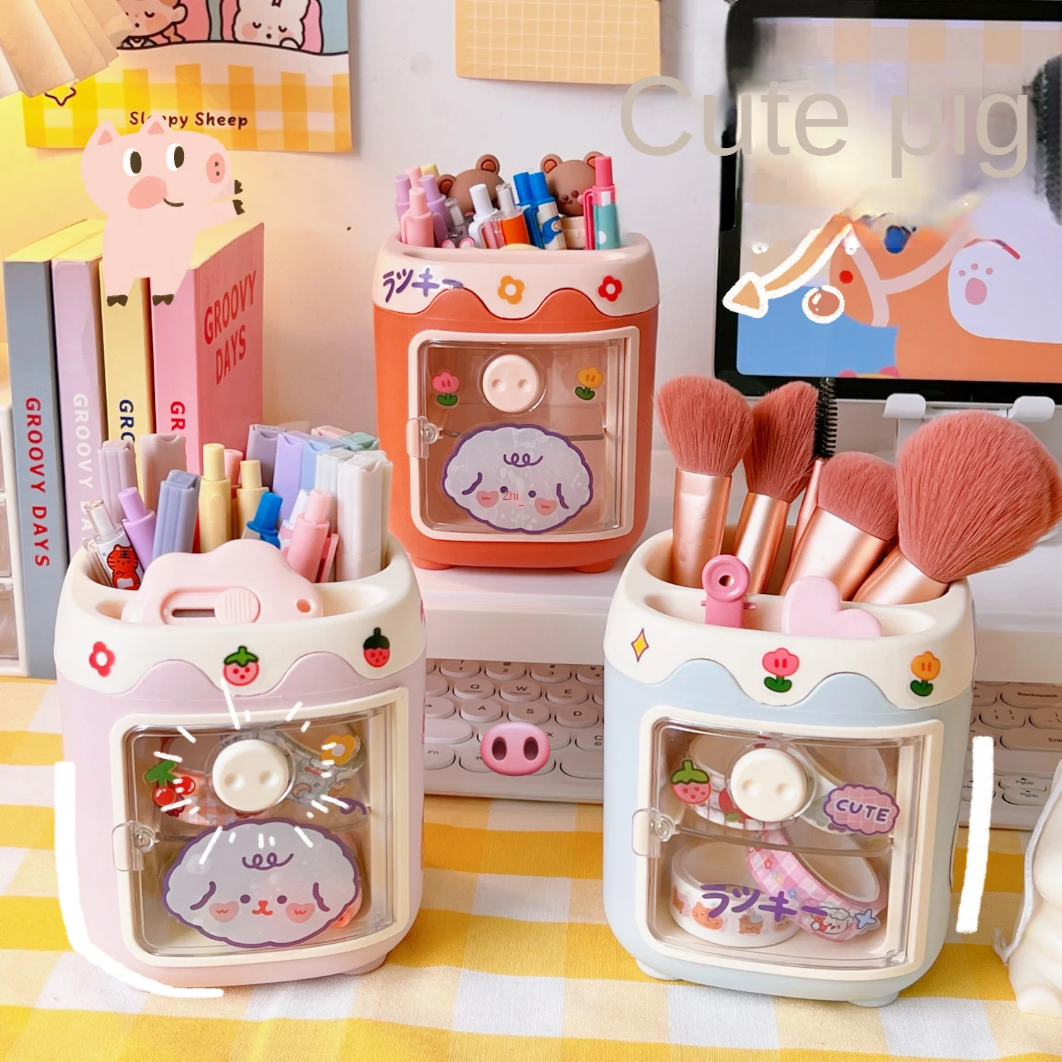Creative Pen Holder Cartoon Cute Multi grid Pig Pen Holder Student Office Stationery Pig Nose Drawer pen holder