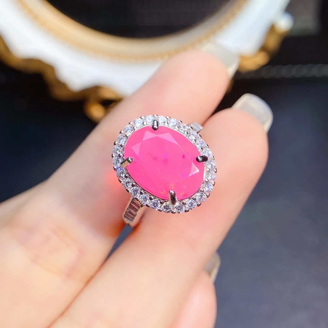 Oval Pink Opal Engagement Promise Ring Sterling Silver 925 Natural Opal Halo CZ Wedding Ring For Women Fine Jewelry
