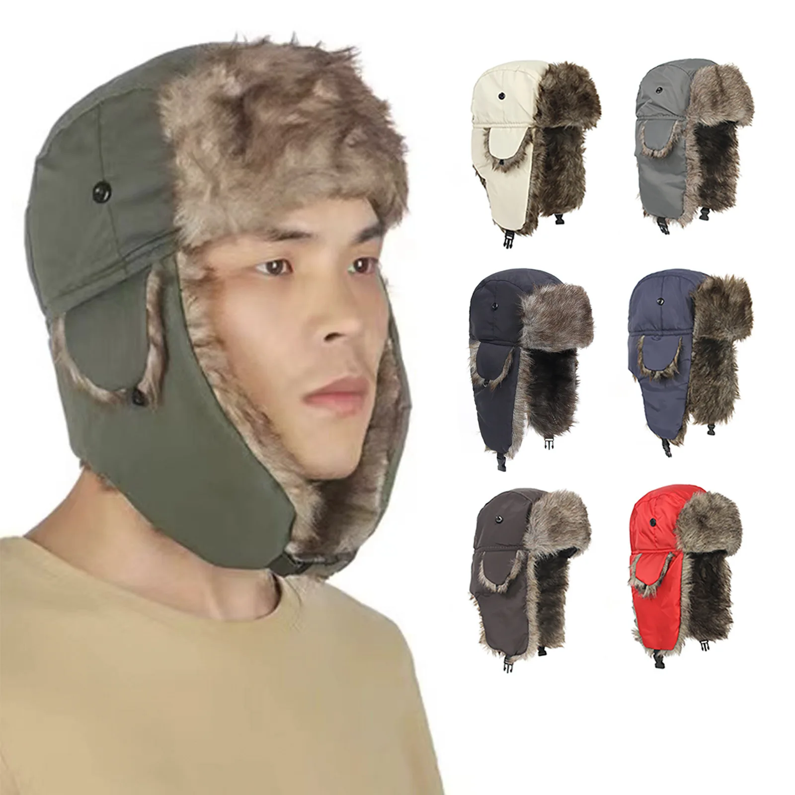 

Men Women Winter Lei Feng Hat Thicken Faux Fur Warm Bonnets With Ear Flaps Solid Color Outdoor Aviator Windproof Cap Unisex