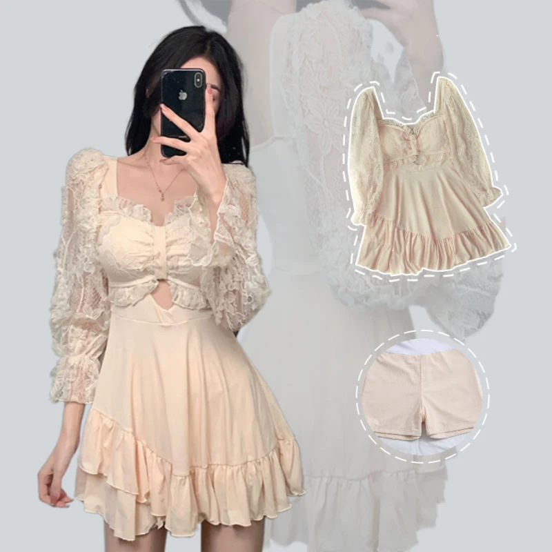 

Модный корейский пикантный цельный кружевной купальник, Женский тюлевый солнцезащитный костюм с длинным рукавом и накладкой на грудь, пляжная одежда, женское многослойное пляжное платье