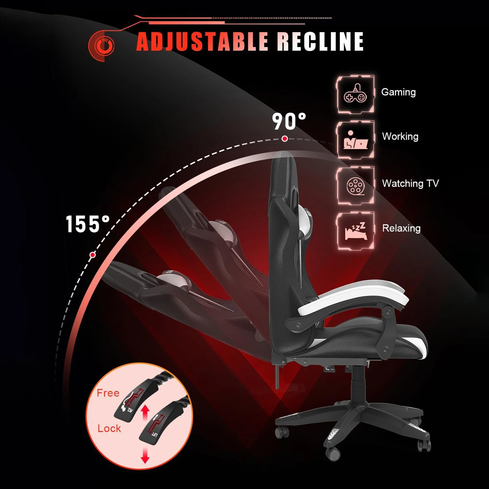 RGB Gaming Chair LED Lights Ergonomic Computer Chair Reclining PU Leather High Back Video Game Chair Adjustable Lumbar Support 3