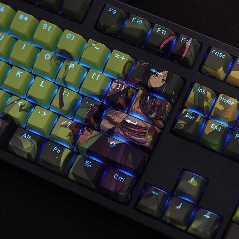 Chaves Conjunto Lados Pbt Tintura Subbed Keycaps dos Desenhos Animados Anime Jogo Chave Tampões Oem Perfil Backlit Keycap para Genshin Impacto Tighnari 108 - Imagem 3