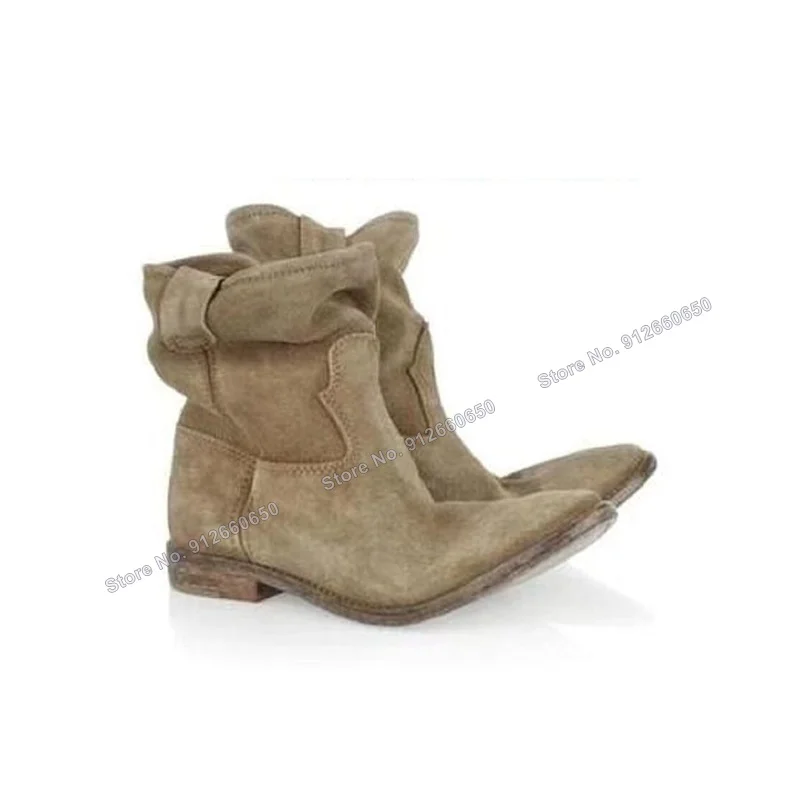 

Pereira Pleated Khaki Slip on Suede Boots Solid Flat Heel Pointed Toe Fashion Women Autumn Winter Fashion Women Shoes on Heels