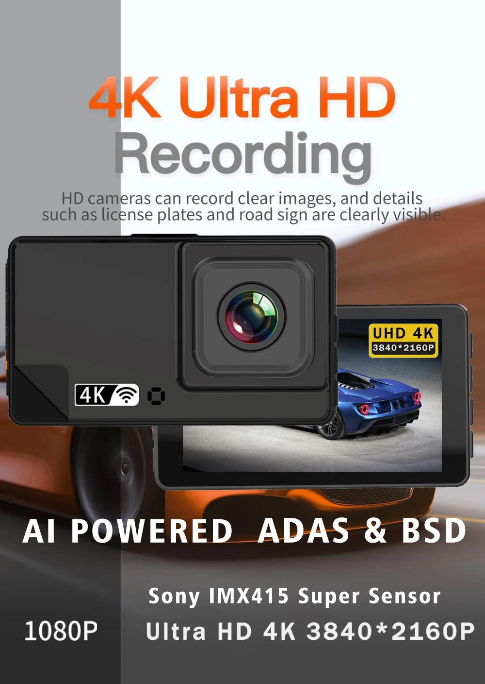 Description Picture 2 of item4K 2160P Dash Cam ADAS Car DVR Camera BSD WIFI GPS Dual Lens Mini Video Drive Recorder Dashcam Registrar Black Box Night Vision