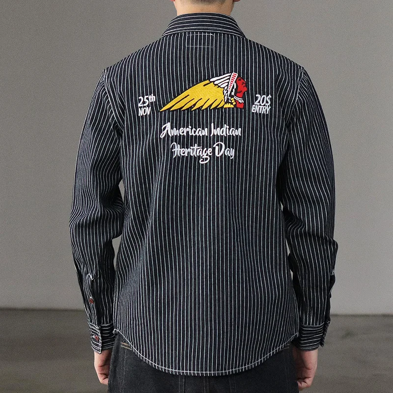Autumn American Retro Heavyweight Denim Cargo Embroidery Striped Shirt Men's Fashion Pure Cotton Washed Casual Blouses Jacket