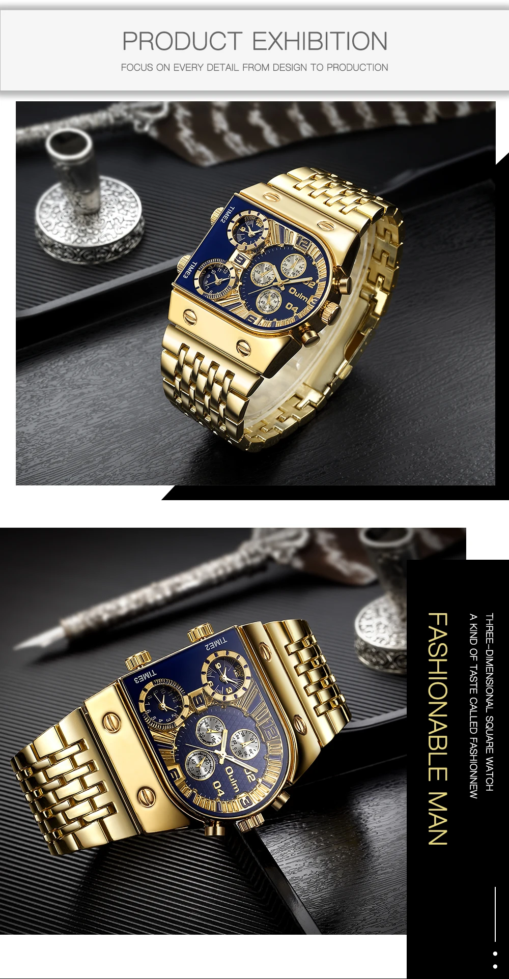 Oulm Unique Men Watch Square Gold Quartz Wrist Watch for Man Sports Multi-Time Zone Military Male Waterproof Relogio Masculino