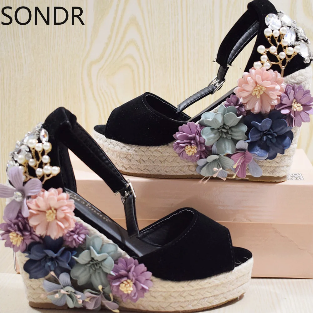 

Rhinestones Diamond Sequins Flowers Bling Sandals Womens Peep Toe Suede Leather Wedge High Heel Pumps Shoes