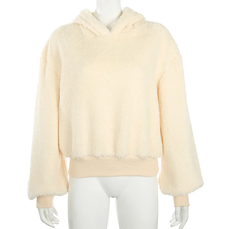 2024 New Casual Loose Raglan Long Sleeve Keep Warm Furry Hoodies Women 2023 Fall Winter Harajuku Pullovers Sweatshirt Solid Top