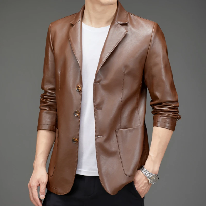 2023 New Men Thin Slim Large Size Leather Coat Autumn Men Short Solid Color Business Leather Jacket Casual Versatile Outerwear