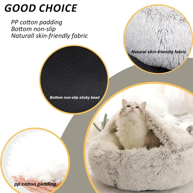 Snooze Cat Bed Round Plush Fluffy Hooded Cozy Cat Bed Cave for Indoor Donut Self Warming Small Dog Bed Anti-anxiety for Winter 6