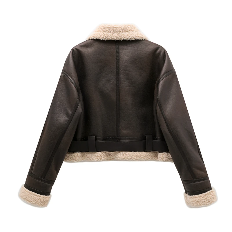 ZVRI 2023 New Woman's Fashion Thick Warm Faux Shearling Jacket Coat Vintage Long Sleeve Belt Hem Female Outerw 2