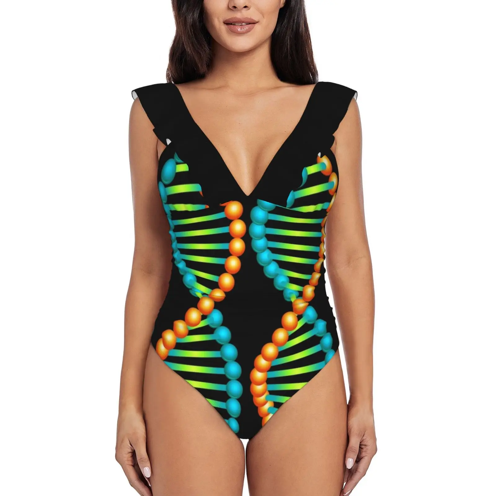 Dna Helix New Print Swimwear Deep-V Ruffle Swimsuit One Piece Swimsuit Beach Wear Monokini Dna Life Segment Helix Coil Strands