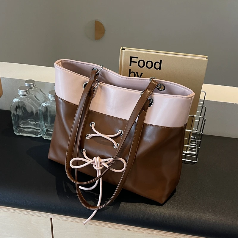 

High Capacity Zipper Contrasting Colors String Bow PU Shoulder Bags 2024 Fashion Casual Tote for Ladies Bolsos De Señora Bolso