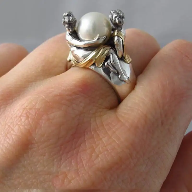 Silver Rings Silver Ring HOYON 925 Sterling Silver Color French Romantic Elegant lady Holding Faux Pearl Ring for Women Jewelry