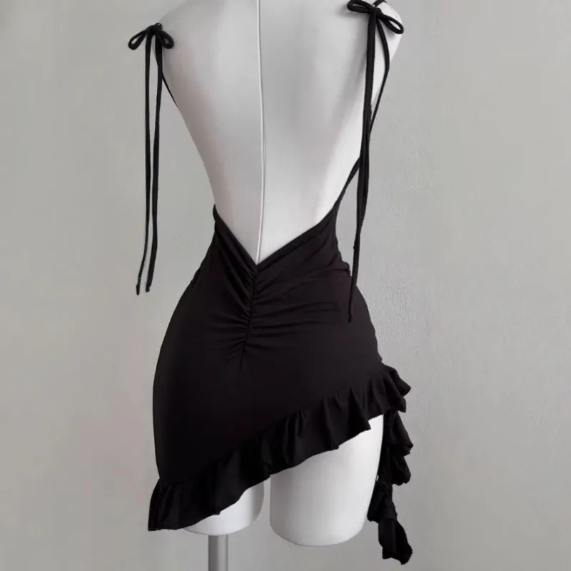 Spring and Summer New Spice Girl Y2k Sexy Women's U-Shape Suspender Slim Fit Dress Black Fashion Lace-up Short Hip Ruffled Skirt